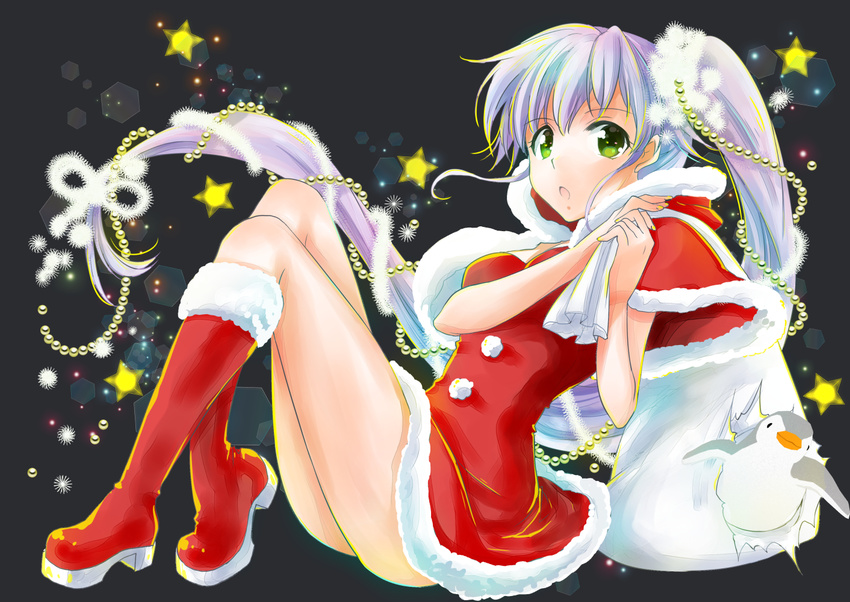 bird boots capelet christmas fur-trimmed_boots fur_trim hat kantai_collection knee_boots kusakabe_rei long_hair looking_at_viewer open_mouth pearl penguin red_footwear ribbon sack santa_boots santa_costume santa_hat solo tinsel yura_(kantai_collection)