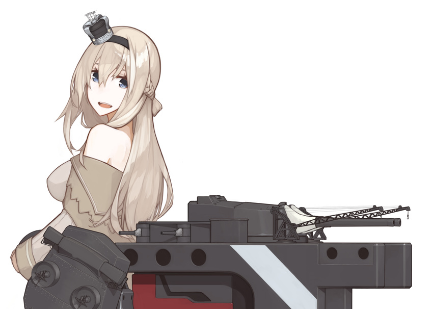 bad_id bad_pixiv_id blonde_hair blue_eyes braid crown dress french_braid hairband highres kantai_collection long_hair looking_back machinery mikoto_(oi_plus) mini_crown off-shoulder_dress off_shoulder open_mouth solo turret warspite_(kantai_collection) weapon white_dress