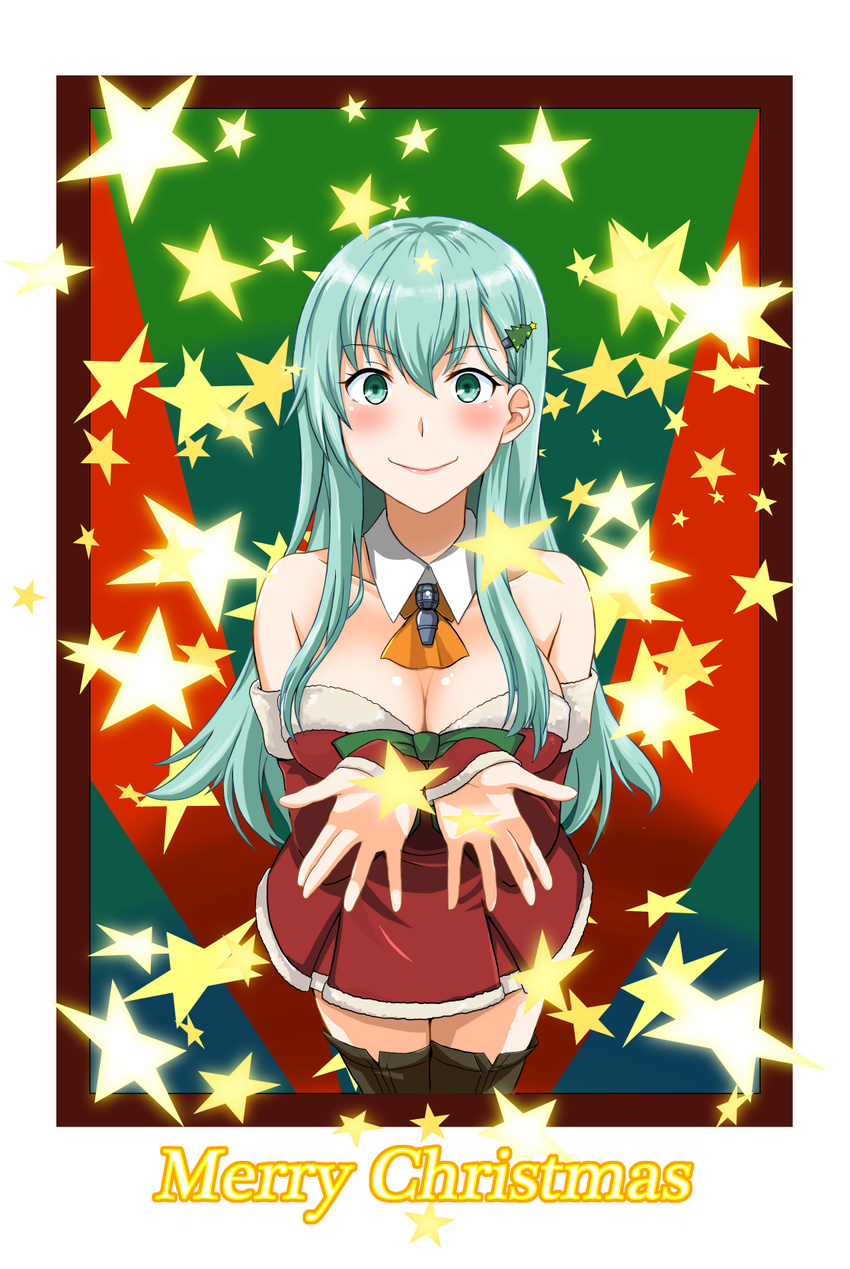 ascot blush breasts christmas christmas_tree_hair_ornament cleavage dress fcmokuba from_above green_eyes green_hair hair_ornament highres kantai_collection large_breasts long_hair looking_at_viewer merry_christmas off-shoulder_dress off_shoulder red_dress smile solo star starry_background suzuya_(kantai_collection) thighhighs zettai_ryouiki