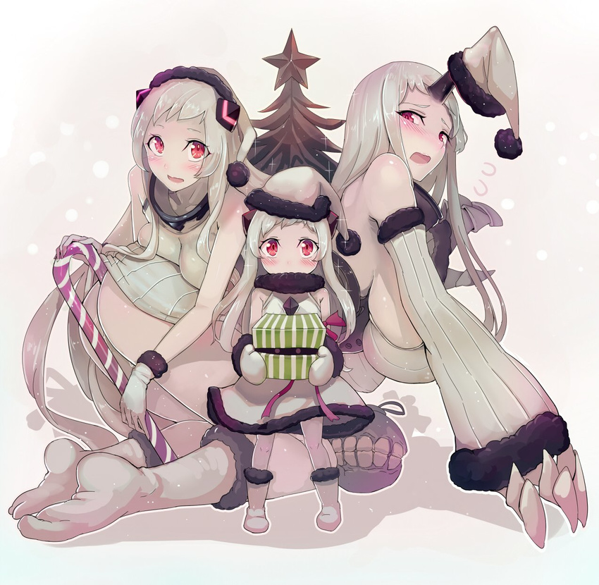 airfield_hime arm_warmers ass bare_shoulders blush boots box breasts candy candy_cane christmas_tree claws cleavage collar collarbone dress food fur_trim gift gift_box gloves hat highres horn horns kantai_collection large_breasts long_hair looking_at_viewer multiple_girls northern_ocean_hime pale_skin red_eyes ribbed_dress santa_hat seaport_hime shadow shinkaisei-kan sideboob size_difference snowing surprised walzrj white_dress white_footwear white_gloves white_hair white_legwear