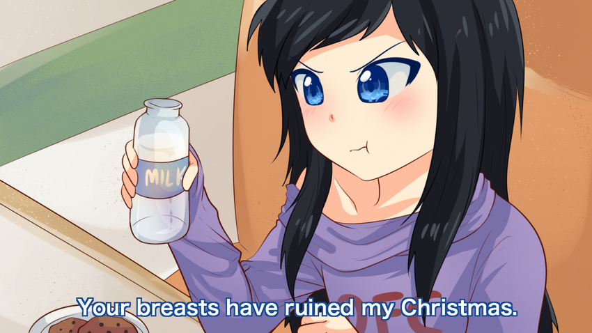 black_hair blue_eyes bottle christmas cookies dfc-tan drawfag english oomuro_sakurako parody pout shirt text yuru_yuri