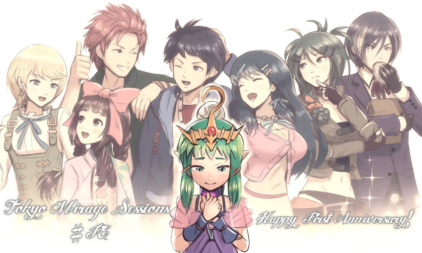 5girls akagi_toma aoi_itsuki black_hair blonde_hair blue_eyes blue_hair bow chiki closed_eyes earrings english european_clothes fire_emblem fire_emblem:_monshou_no_nazo gen'ei_ibunroku_sharp_fe gonzarez green_hair hair_bow hair_ornament jewelry kurono_kiria long_hair mamkute minamoto_mamori multicolored_hair multiple_boys multiple_girls oribe_tsubasa short_hair smile tiara tsurugi_yashiro two-tone_hair white_background white_hair yumizuru_eleanora