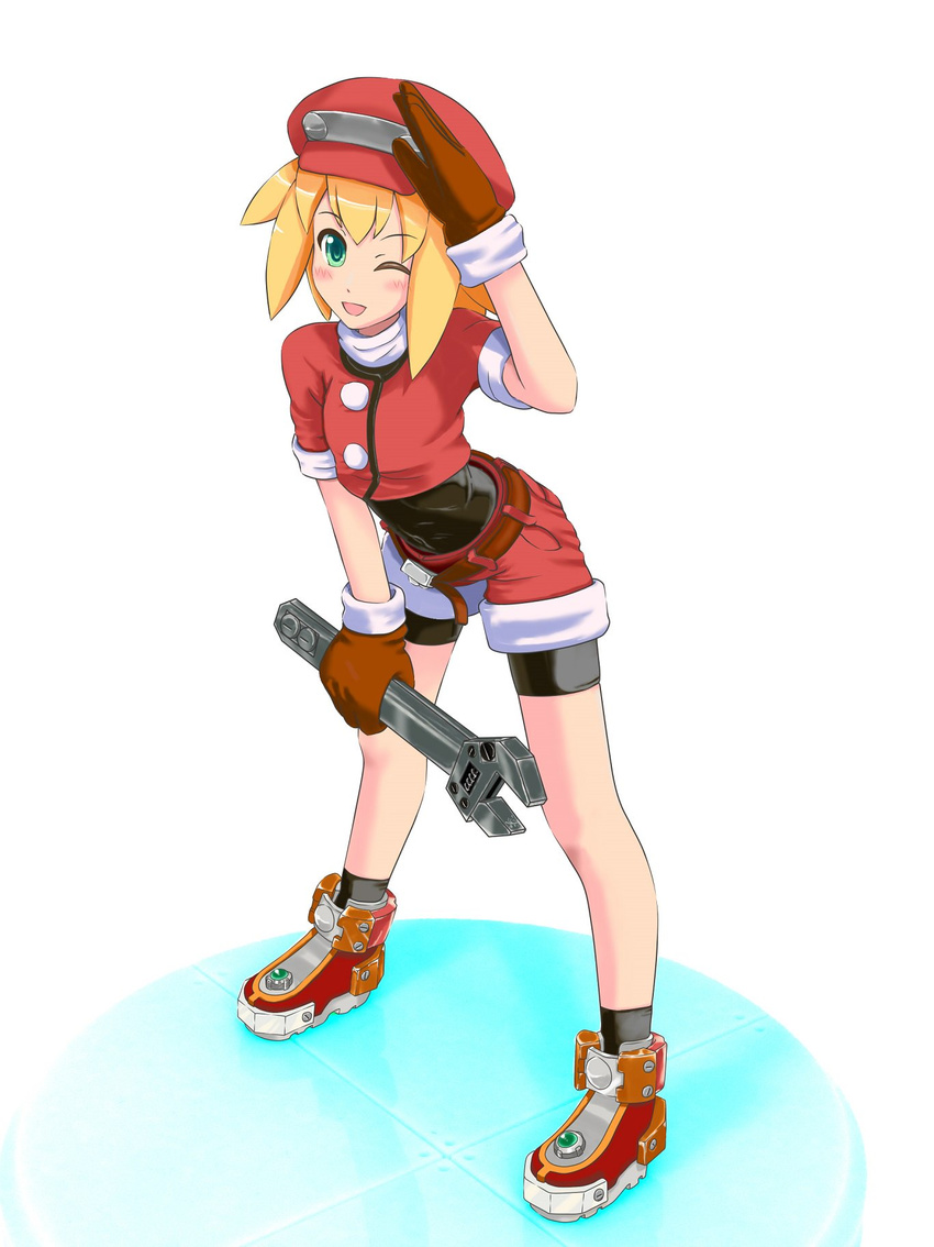 1girl big_hat bike_shorts black_socks blonde_hair gloves green_eyes hot_pants red_hat red_shorts rockman rockman_dash roll_caskett short_sleeves shorts smile solo unitard