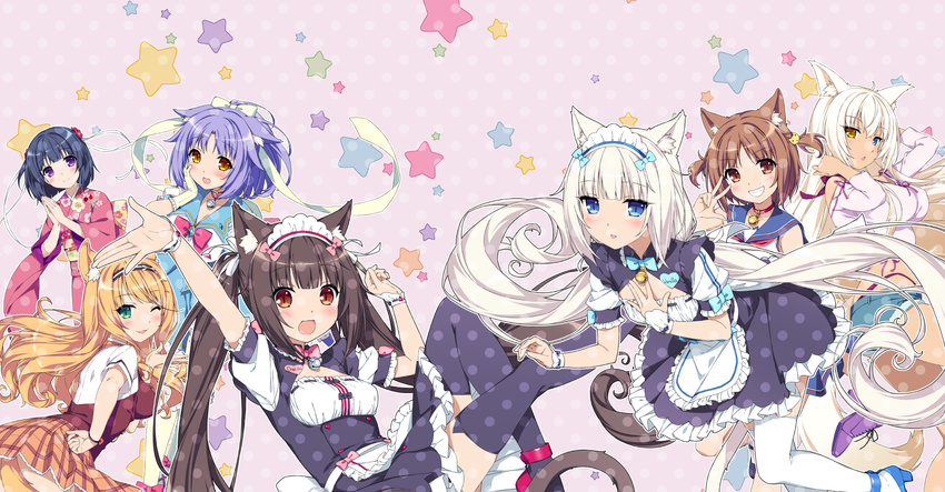 animal_ears azuki chocolat cinnamon_(neko_para) coconut heels heterochromia maid maple_(neko_para) minazuki_shigure neko_para neko_works nekomimi sayori seifuku tail vanilla waitress yukata