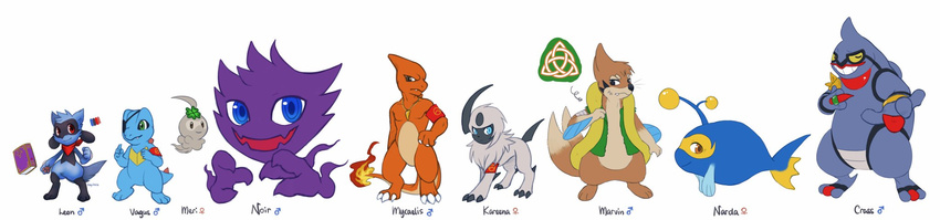 2016 absol amphibian ampihbian black_fur blue_body blue_fur blue_skin canine castform charmeleon clover crass_(haychel) digital_media_(artwork) eye_patch eyewear fan_character female feral fire flamming_tail floatzel frog fur green_eyes group haunter haychel hi_res jewelry kareena lanturn leon_(haychel) male mammal marine marvin_(haychel) meri_(haychel) mycaelis narda_(haychel) necklace nintendo noir_(haychel) normal_castform orange_body orange_skin pok&eacute;mon pok&eacute;mon_mystery_dungeon purple_eyes red_eyes ring riolu scarf simple_background smile standing tales_of_elysium totodile toxicroak vagus video_games white_fur