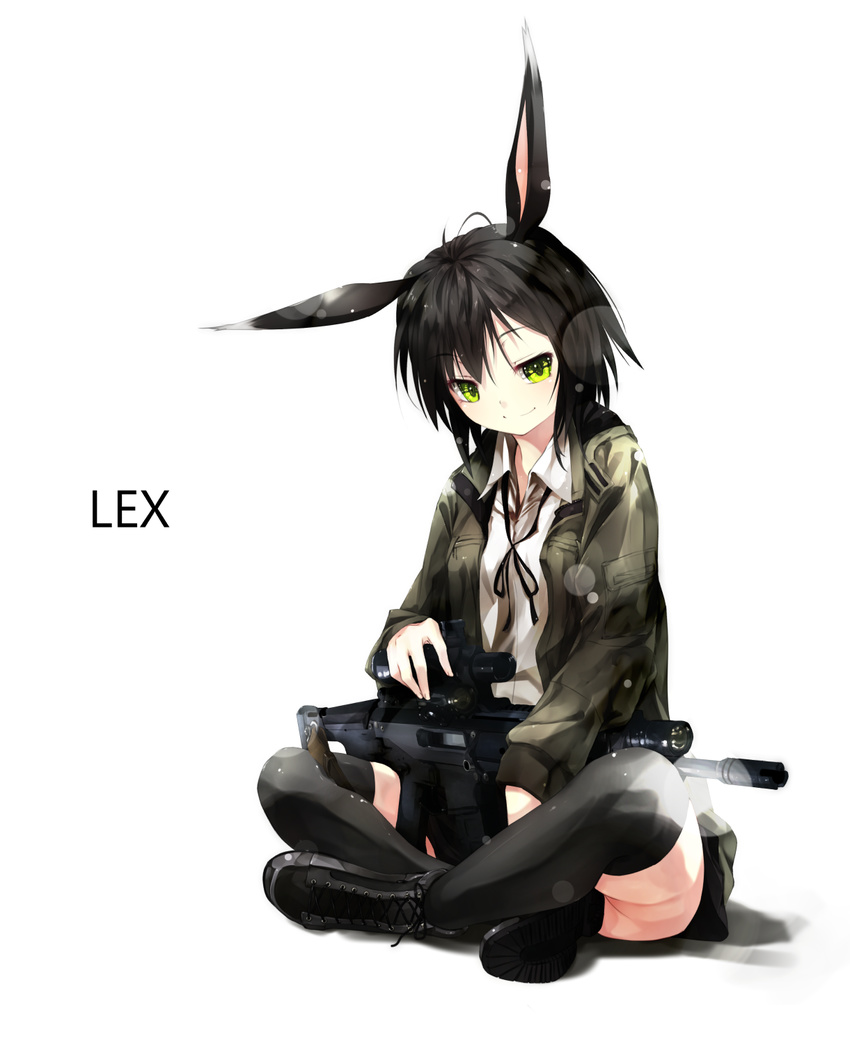 ahoge animal_ears assault_rifle black_hair black_legwear bunny_ears commentary_request gorilla_(bun0615) green_eyes gun highres holding indian_style looking_at_viewer masada_acr original pleated_skirt rifle school_uniform shoes short_hair simple_background sitting skirt smile solo thighhighs weapon white_background zettai_ryouiki
