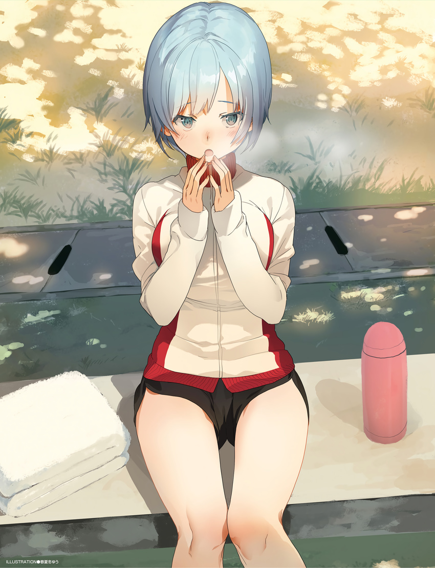 :o absurdres akinashi_yuu artist_name black_shorts blue_eyes blue_hair blush breast_press breasts breath dappled_sunlight day dengeki_moeou grass highres jacket knees_together long_sleeves looking_at_viewer medium_breasts non-web_source nose_blush open_mouth outdoors plant short_hair short_shorts shorts sitting solo sunlight thermos towel track_jacket turtleneck visible_air white_jacket