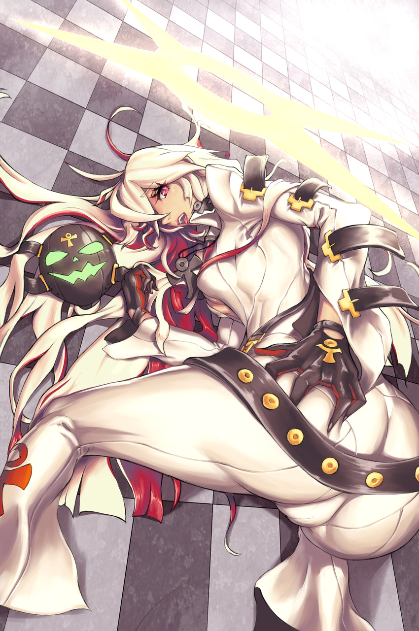 absurdres ass ass_grab ball_and_chain_restraint belt bodysuit breasts cameltoe checkered checkered_floor deep_skin from_behind grabbing_own_ass guilty_gear guilty_gear_xrd halo highres huge_filesize jack-o'_valentine lipstick long_hair looking_at_viewer makeup mask mask_removed medium_breasts multicolored_hair pantylines parted_lips platinum_disco red_eyes red_hair solo top-down_bottom-up two-tone_hair white_hair