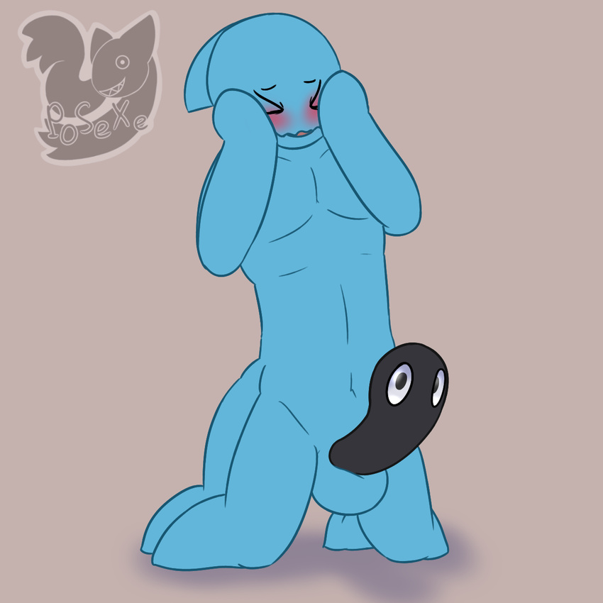 anthro anthrofied balls black_eyes black_skin blue_skin blush covering_face embarrassed erection eyebrows eyes_closed invalid_tag kneeling looking_at_viewer male multi_leg multi_limb navel nintendo nude open_mouth penis pok&eacute;mon posexe simple_background solo spread_legs spreading video_games watermark wobbuffet