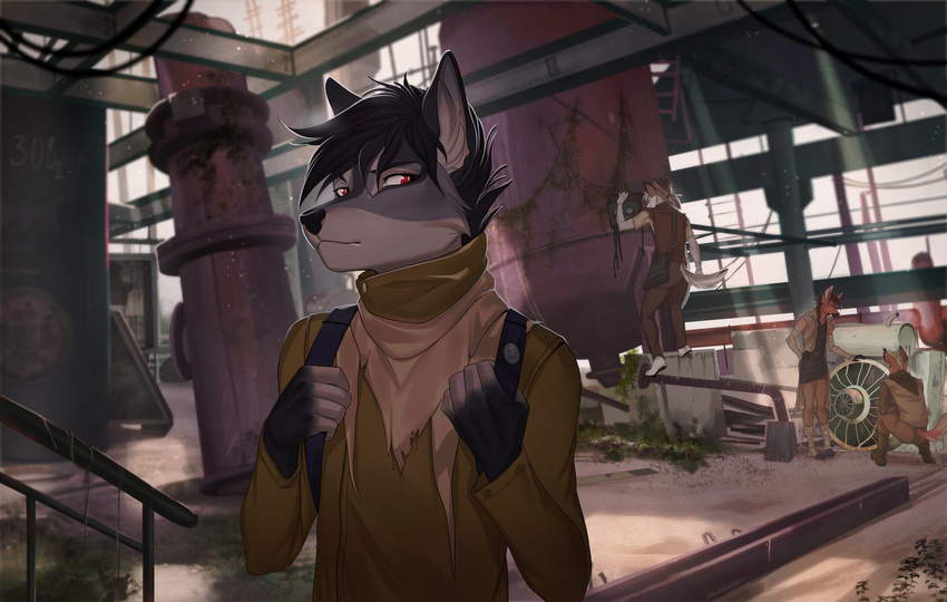 5_fingers anthro black_hair black_nose canine clothed clothing day detailed_background dog hair male mammal red_eyes standing vagabondbastard