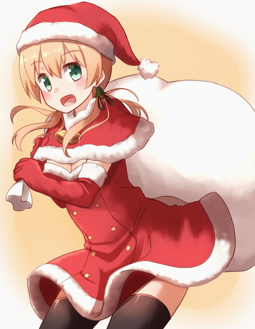 :d bell black_legwear blonde_hair blush capelet christmas_tree_hair_ornament commentary_request cowboy_shot elbow_gloves fur-trimmed_dress fur-trimmed_gloves fur_trim gloves green_eyes hair_ornament hat highres kantai_collection kapatarou open_mouth prinz_eugen_(kantai_collection) red_gloves sack santa_costume santa_hat smile solo thighhighs twintails