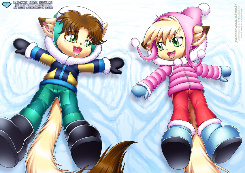 angel_(little_tails) annie_(little_tails) anthro bbmbbf boots bow cat clothing feline female footwear hat jacket little_tails lying male mammal on_back one_eye_closed open_mouth outstretched_arms palcomix patreon snow snow_angel