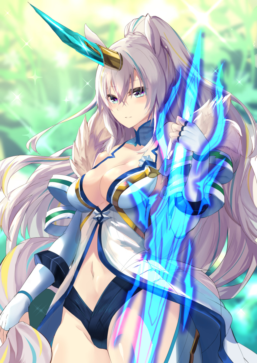 1girl blue_eyes blurry blurry_background blush breasts character_request cleavage commentary_request cowboy_shot depth_of_field energy_sword fingerless_gloves gloves grey_hair haik hair_between_eyes highres holding holding_sword holding_weapon horn looking_at_viewer medium_breasts navel panties ponytail smile solo standing sword underwear weapon white_gloves wixoss