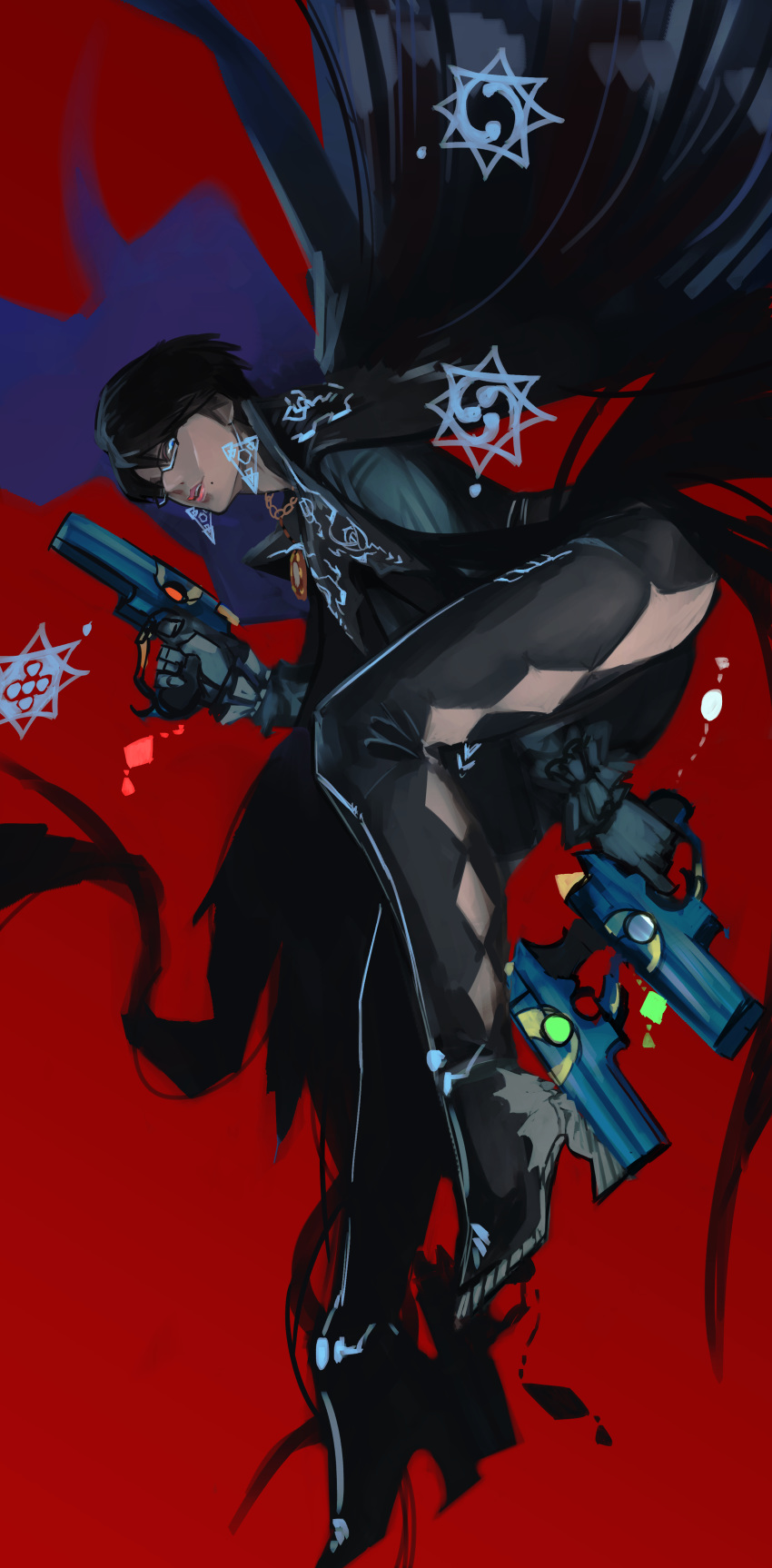 1girl alternate_hair_length alternate_hairstyle bayonetta bayonetta_(character) bayonetta_2 black_hair detached_sleeves dual_wielding earrings full_body glasses gun handgun high_heels highres holding jewelry lipstick makeup nintendo short_hair smile solo super_smash_bros weapon