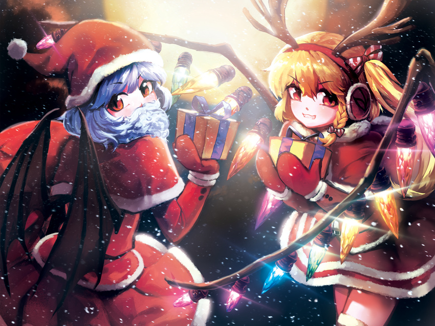 antlers bat_wings blonde_hair blue_hair bow box braid capelet christmas fake_antlers fake_beard fake_facial_hair flandre_scarlet full_moon fur-trimmed_hat fur_trim gift gift_box gloves grin hair_between_eyes hair_bow hair_ribbon hat highres hijiwryyyyy long_sleeves looking_at_viewer looking_back mittens moon multiple_girls night red_bow red_eyes red_gloves red_hat red_shirt red_skirt reindeer_antlers remilia_scarlet ribbon santa_costume santa_hat shirt short_hair side_braid side_ponytail skirt smile snowing sparkle striped striped_bow thighhighs touhou tress_ribbon wings zettai_ryouiki