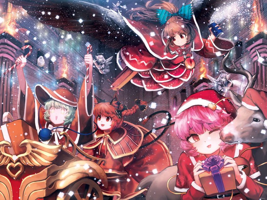 6+girls :d animal animal_ears arms_up bird black_bow black_wings bow box braid brown_hair building candy candy_cane capelet cat_ears cat_tail chariot christmas control_rod dress fairy_wings feathered_wings food gift gift_box glowing glowing_eyes green_bow green_hair grey_dress hair_bow hair_ribbon halo hat highres hijiwryyyyy jewelry kaenbyou_rin komeiji_koishi komeiji_satori light_particles long_hair long_sleeves multiple_girls multiple_tails necklace one_eye_closed open_mouth pink_hair ponytail red_dress red_eyes red_hair red_hat reindeer reiuji_utsuho ribbon santa_costume santa_hat short_hair silver_hair smile spray_can spraying striped striped_bow tail third_eye touhou tress_ribbon twin_braids two_tails white_skin wide_sleeves wings zombie_fairy