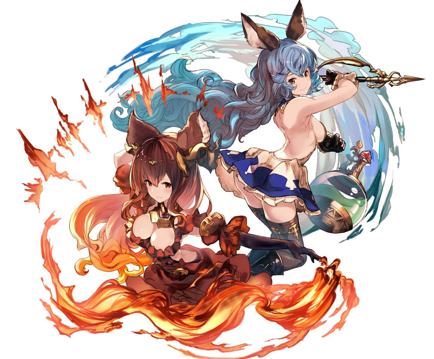 animal_ears anthuria arm_behind_head artist_name ass backless_outfit bangs bare_back black_gloves black_legwear boots breasts brown_dress brown_eyes brown_hair cleavage commentary dress elbow_gloves erune ferry_(granblue_fantasy) frilled_dress frills from_side gloves gradient_hair granblue_fantasy hair_between_eyes hair_ornament highres large_breasts long_hair looking_at_viewer medium_breasts multicolored_hair orange_hair puffy_short_sleeves puffy_sleeves short_dress short_sleeves sideboob signature simple_background smile thighhighs wavy_hair white_background yoo_(tabi_no_shiori)