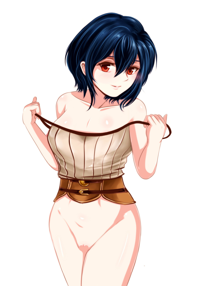 1girl blue_hair bottomless breasts censored fire_emblem fire_emblem:_kakusei mark_(fire_emblem) medium_breasts red_eyes short_hair wingr