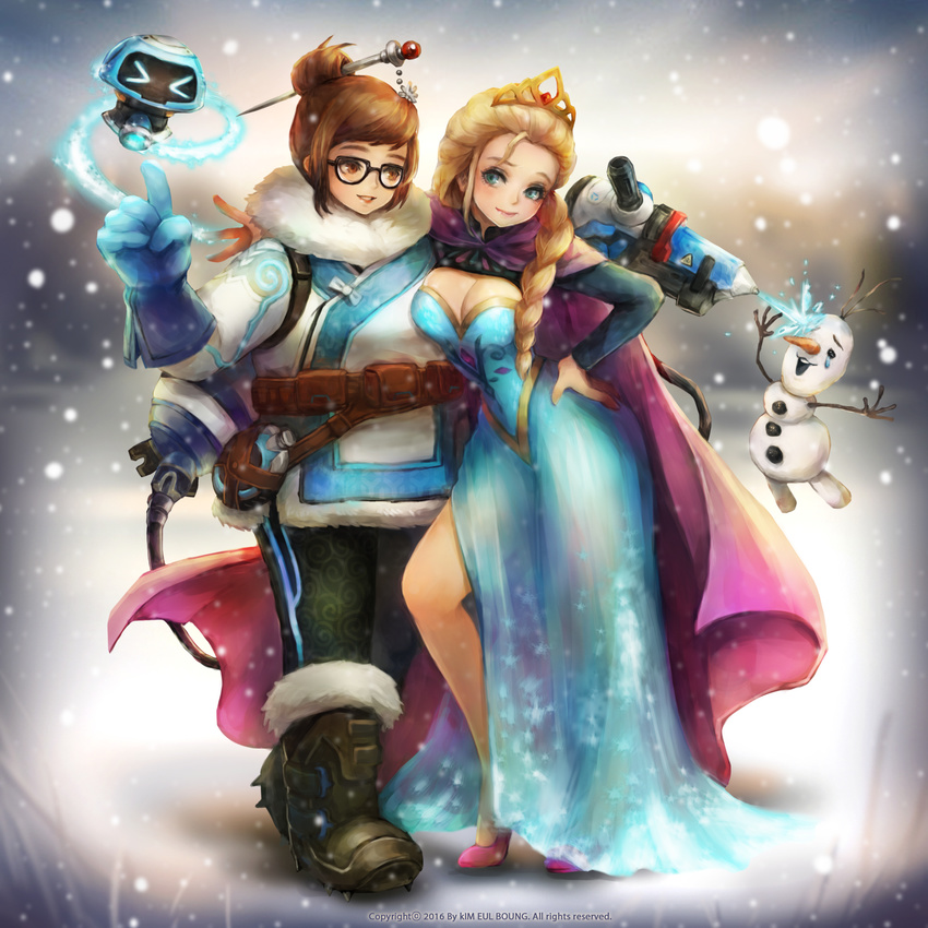 2016 :d aqua_eyes artist_name bangs beads belt belt_pouch black-framed_eyewear blonde_hair blue_dress blue_gloves blue_legwear boots braid breasts brown_eyes brown_footwear brown_hair canister canteen cape cleavage closed_mouth coat crossover disney dress drone elsa_(frozen) energy_gun firing floating frozen frozen_(disney) full_body fur-trimmed_boots fur-trimmed_jacket fur_boots fur_coat fur_trim glasses gloves grin gun hair_bun hair_ornament hair_stick hand_on_hip hand_up highres holding holding_gun holding_weapon hose index_finger_raised jacket kim_eul_bong knee_boots lips long_dress looking_at_another machinery medium_breasts mei_(overwatch) olaf_(frozen) open_mouth overwatch parka pink_lips pouch ray_gun robot shoes short_hair side_slit sidelocks single_braid smile snow snowball_(overwatch) snowflake_hair_ornament snowing spiked_shoes spikes standing strap swept_bangs tiara utility_belt weapon winter_clothes winter_coat