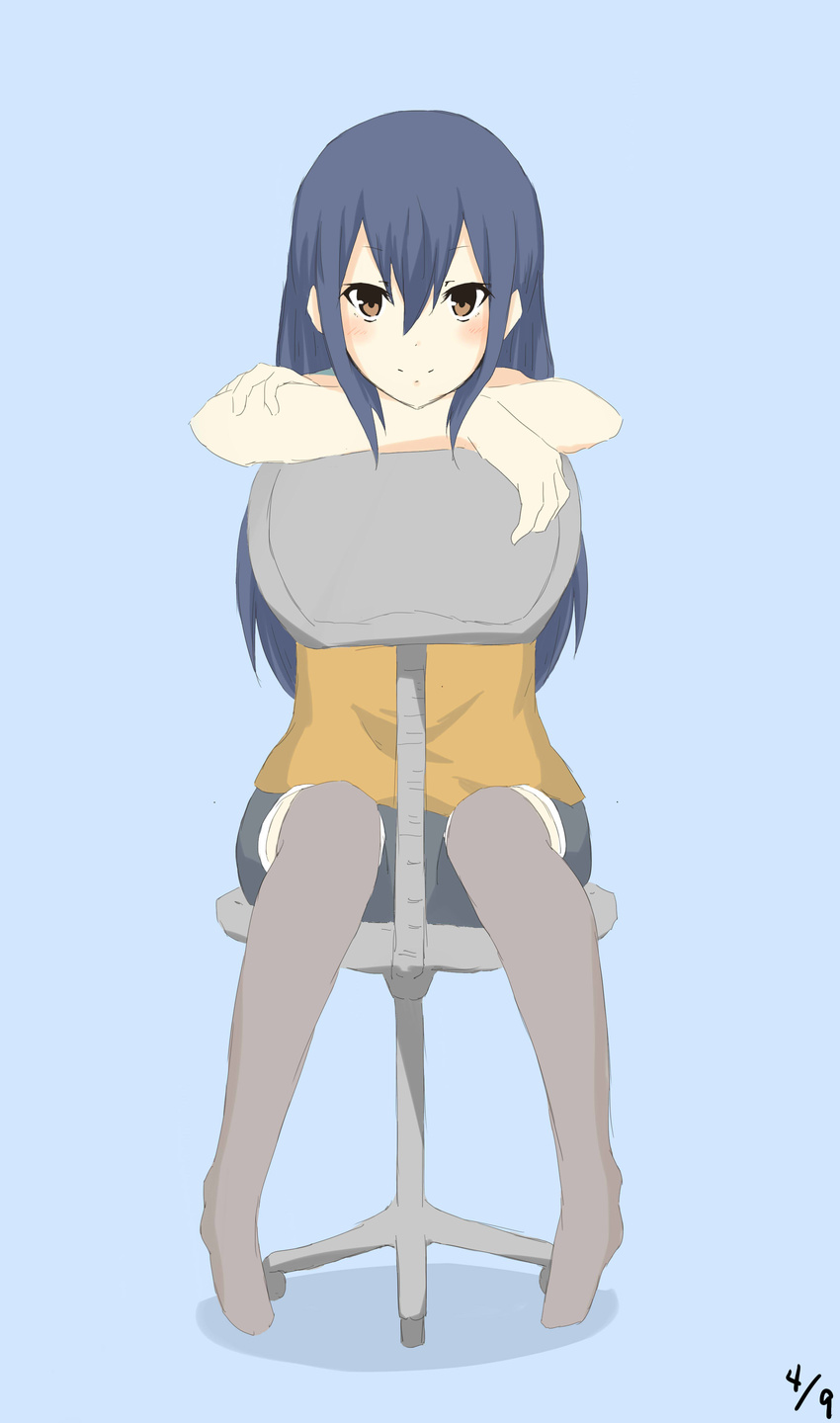 absurdres arute_arisu blue_background blue_hair brown_eyes fairy_tail green_eyes hair_between_eyes highres long_hair looking_at_viewer shorts simple_background sitting smile solo thighhighs wendy_marvell