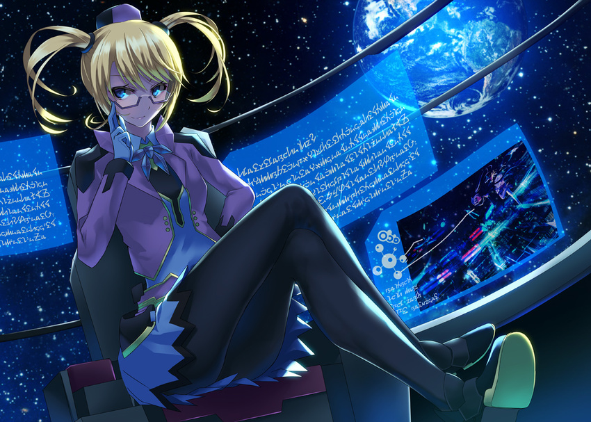 black_legwear blazer blonde_hair blue_eyes blue_skirt crossed_legs din_(flypaper) glasses gloves hat jacket lipstick looking_at_viewer makeup pantyhose phantasy_star phantasy_star_online_2 semi-rimless_eyewear shoes sierra_(pso2) sitting skirt smile solo twintails under-rim_eyewear white_gloves