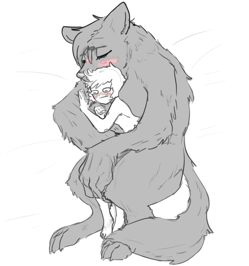 blush breasts canine eyes_closed female hug human larger_female male mammal nobby nude size_difference smaller_male were werewolf