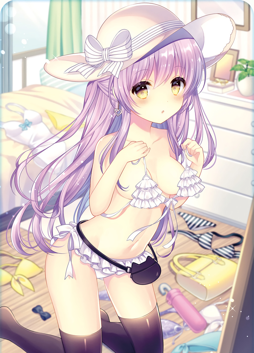 bed bedroom bikini black_legwear blurry blush breasts clothes_in_front clothes_on_floor dengeki_moeou depth_of_field dressing earrings frilled_bikini frills front-tie_bikini front-tie_top half_updo hat heart heart_earrings highres indoors jewelry leaning_forward long_hair looking_at_viewer navel non-web_source parted_lips purple_hair small_breasts solo sparkle sun_hat swimsuit thighhighs topless wasabi_(sekai) white_bikini yellow_eyes