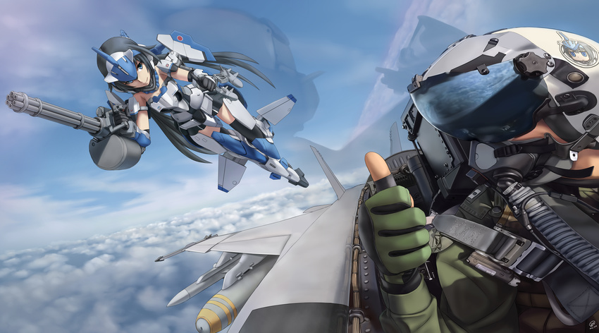 1girl absurdres aircraft airplane armor black_hair blue_eyes canopy cloud cockpit day f-18_hornet fighter_jet flying frame_arms_girl gatling_gun gun helmet highres jet jpc long_hair mecha_musume military military_vehicle minigun pilot rocket sky smile stylet thumbs_up weapon