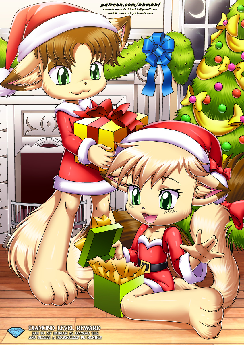 angel_(little_tails) annie_(little_tails) anthro bbmbbf bow cat christmas christmas_tree costume feline female gift hat holidays little_tails male mammal open_mouth palcomix patreon santa_costume santa_hat tree