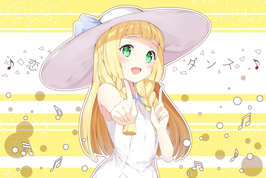 :d armpit_crease arms_up bangs beamed_eighth_notes beamed_sixteenth_notes blonde_hair blunt_bangs blush braid chitetan dress eighth_note green_eyes happy hat highres image_sample index_finger_raised koi_dance lillie_(pokemon) long_hair looking_at_viewer music musical_note open_mouth pokemon pokemon_(game) pokemon_sm simple_background sleeveless sleeveless_dress smile solo twin_braids twitter_sample upper_body white_hat yellow_background