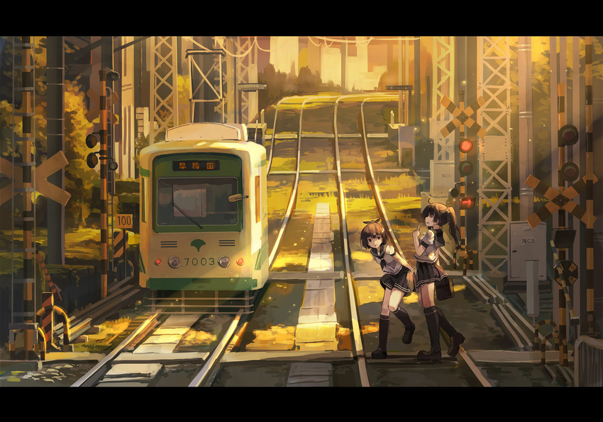 ahoge arms_behind_back black_legwear black_skirt brown_footwear brown_hair closed_eyes from_side ground_vehicle highres holding huanxiang_huifeng index_finger_raised kneehighs letterboxed loafers multiple_girls neckerchief number open_mouth original outdoors pantograph pleated_skirt ponytail profile railroad_crossing railroad_tracks school_briefcase school_uniform serafuku shirt shoes short_sleeves skirt standing standing_on_one_leg streetcar sunset tokyo_(city) white_shirt