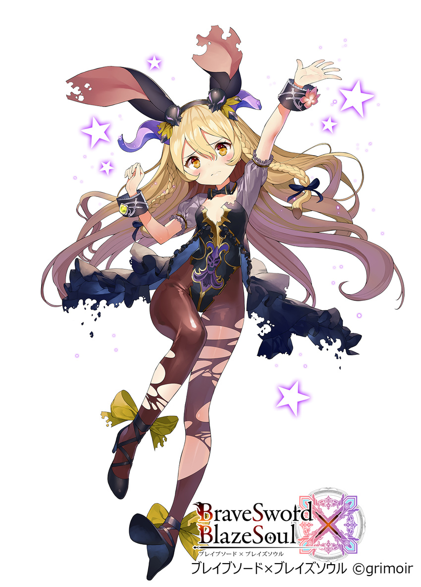 animal_ears ankle_ribbon arm_up black_dress black_legwear black_leotard blonde_hair blush braid brave_sword_x_blaze_soul breasts bunny_ears bunnysuit copyright_name dress floating_hair hair_between_eyes hand_up high_heels highres leotard light_frown long_hair looking_at_viewer matsui_hiroaki official_art outstretched_arm pantyhose ribbon short_sleeves simple_background small_breasts solo star starry_background torn_clothes torn_dress torn_legwear twin_braids watermark white_background wrist_cuffs yellow_ribbon