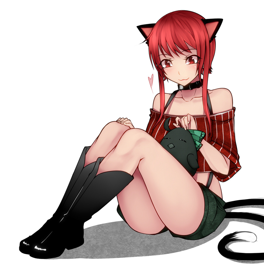 :3 alternate_hairstyle animal_ears aoshima bangs bare_shoulders black_footwear blush boots cat_ears cat_girl cat_tail closed_mouth collar collarbone commentary_request contemporary crop_top extra_ears full_body heart highres kaenbyou_rin knee_boots knees_up multiple_tails off-shoulder_shirt pinstripe_pattern red_eyes red_hair reiuji_utsuho reiuji_utsuho_(bird) shirt short_hair_with_long_locks short_shorts shorts sidelocks simple_background sitting smile striped suspender_shorts suspenders tail touhou two_tails vertical_stripes white_background