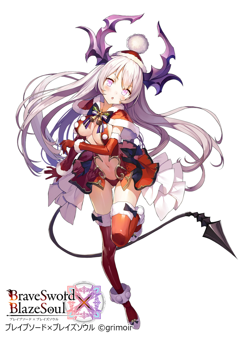 bangs black_bow blush bow brave_sword_x_blaze_soul breasts capelet cleavage copyright_name demon_girl demon_horns demon_tail dress elbow_gloves floating_hair fur-trimmed_gloves fur-trimmed_legwear fur_trim gloves hat highres horns large_breasts long_hair looking_at_viewer matsui_hiroaki navel official_art panties parted_lips purple_eyes red_dress red_gloves red_legwear red_panties santa_costume santa_hat shoes silver_hair simple_background solo standing standing_on_one_leg tail thighhighs underwear watermark white_background white_footwear