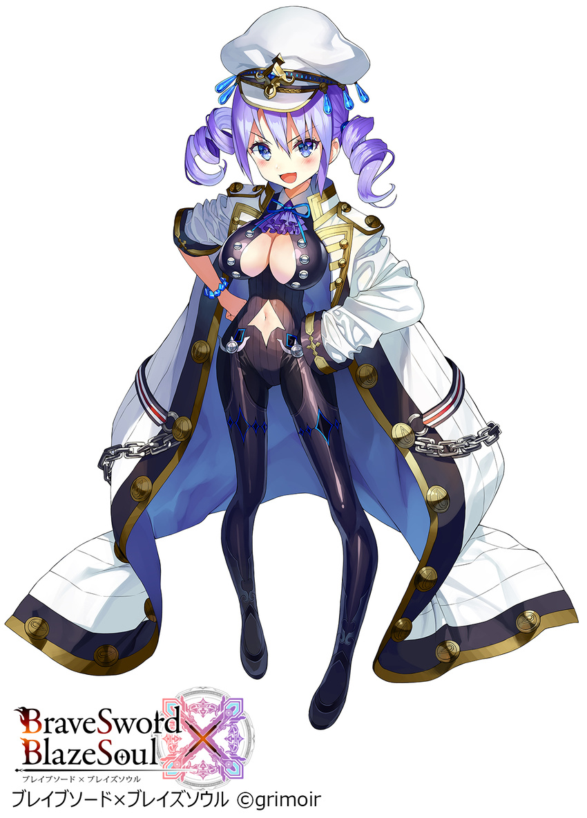 :d bangs black_legwear black_leotard blue_eyes blush brave_sword_x_blaze_soul breasts cleavage copyright_name hair_between_eyes hands_on_hips hat highres large_breasts leotard long_coat matsui_hiroaki military military_hat military_uniform official_art open_mouth pantyhose purple_hair ribbed_leotard simple_background sleeves_rolled_up smile solo standing twintails uniform v-shaped_eyebrows watermark white_background