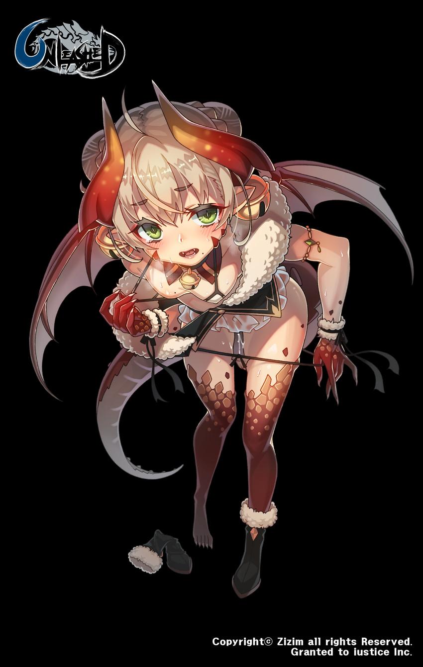 absurdres ankle_boots bikini_pull bikini_top black_footwear blush boot_removed boots bow bow_panties character_request double_bun dragon_girl dragon_wings fangs flat_chest footwear_removed fur-trimmed_boots fur_trim green_eyes highres horns leaning_forward no_pants open_mouth panties panty_pull pointy_ears pussy_juice scales short_hair silver_hair single_boot solo tail underwear unleashed white_panties wings zizim