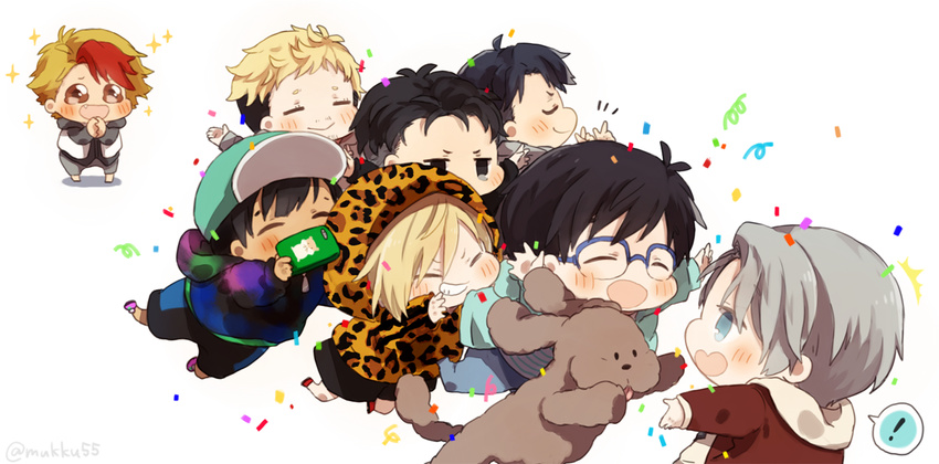 6+boys ^_^ animal_print baseball_cap black_hair blonde_hair blue-framed_eyewear blue_eyes brown_eyes cellphone chibi christophe_giacometti closed_eyes confetti dog fang glasses grey_eyes grin hat heart-shaped_mouth hood hoodie jean-jacques_leroy jumping katsuki_yuuri leopard_print makkachin male_focus minami_kenjirou mukkun multicolored_hair multiple_boys open_mouth otabek_altin phichit_chulanont phone red_hair silver_hair smartphone smile sparkle spoken_exclamation_mark viktor_nikiforov yuri!!!_on_ice yuri_plisetsky