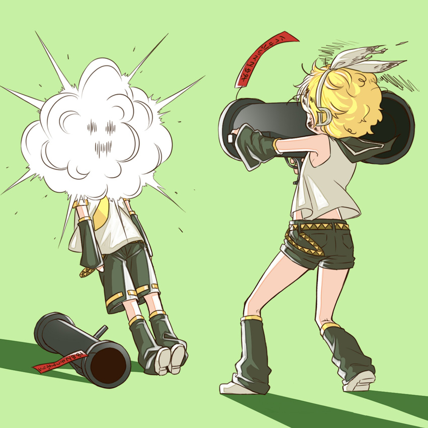 1girl 2016 arm_warmers arms_at_sides bazooka belt birthday black_shorts blonde_hair blouse bruise burnt_clothes carrying_over_shoulder dirty_face explosion finger_on_trigger firing green_background headphones highres injury kagamine_len kagamine_rin leg_warmers legs_apart messy_hair necktie outstretched_arm over_shoulder paper pocket prank ribbon ribbon-trimmed_shorts ribbon_trim rindo sailor_collar shadow shoe_soles short_hair short_shorts shorts simple_background sleeveless smoke squiggle standing torn_clothes vocaloid weapon weapon_over_shoulder white_blouse white_ribbon yellow_neckwear