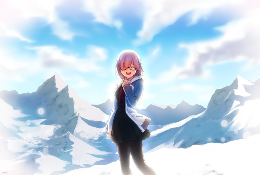 :d ^_^ bad_id bad_pixiv_id black-framed_eyewear black_dress black_legwear bloom closed_eyes cloud commentary_request cowboy_shot day dress facing_viewer fate/grand_order fate_(series) glasses hair_over_one_eye ichiren_namiro jacket lavender_hair mash_kyrielight mountain open_clothes open_jacket open_mouth pantyhose semi-rimless_eyewear short_hair smile solo spoilers under-rim_eyewear