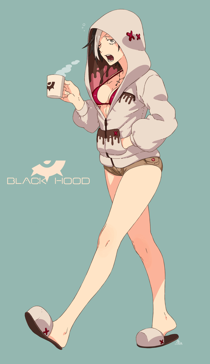 absurdres black_hair black_hood blue_eyes breasts cleavage cup hand_in_pocket highres hood hooded_jacket jacket kamezaemon looking_at_viewer one_eye_closed open_mouth original red_bikini_top shorts slippers small_breasts solo tears white_hair yawning