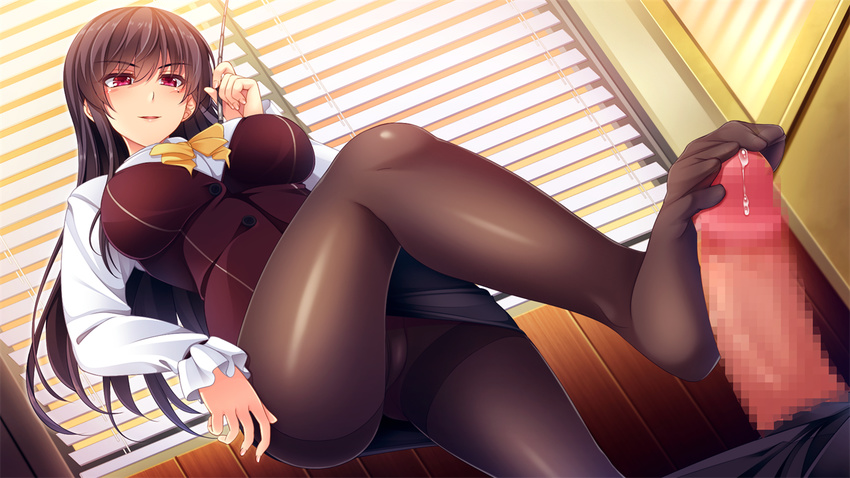1girl ayase_hazuki black_hair blush breasts cameltoe censored chobipero feet footjob game_cg highres indoors large_breasts legs long_hair long_sleeves looking_down mole mole_under_eye mosaic_censoring no_shoes panties panties_under_pantyhose pantyhose pantyshot pantyshot_(standing) parted_lips penis pink_eyes skirt smile solo_focus thighs toes underwear zannen_na_ane_to_no_love_comedy