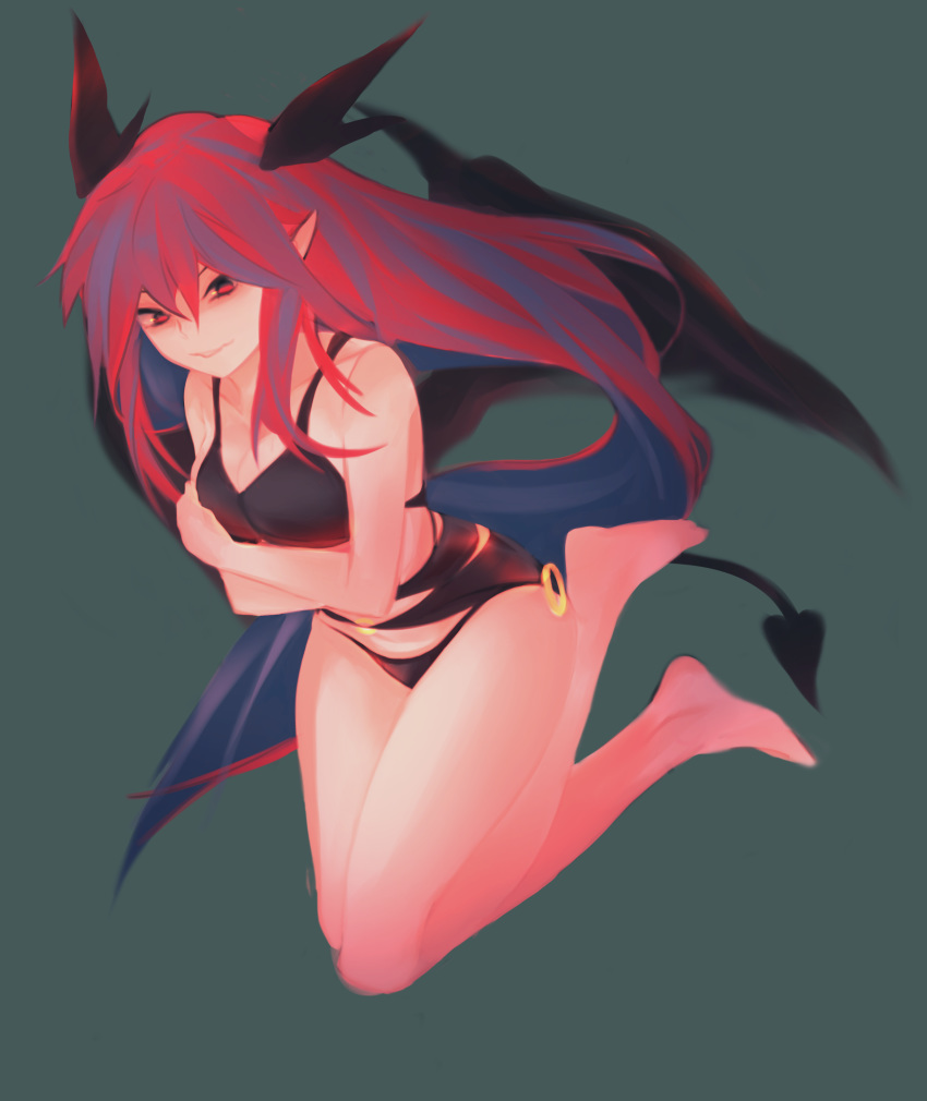 1girl absurdres arms_under_breasts bangs bare_arms bare_legs bare_shoulders barefoot bikini black_bikini blue_hair breasts cleavage collarbone commentary demon_tail demon_wings full_body grey_background hair_between_eyes head_wings highres jumping koakuma long_hair looking_at_viewer m@zent medium_breasts multicolored_hair o-ring o-ring_bikini parted_lips pointy_ears red_eyes red_hair simple_background smile solo streaked_hair swimsuit tail thighs touhou very_long_hair wings