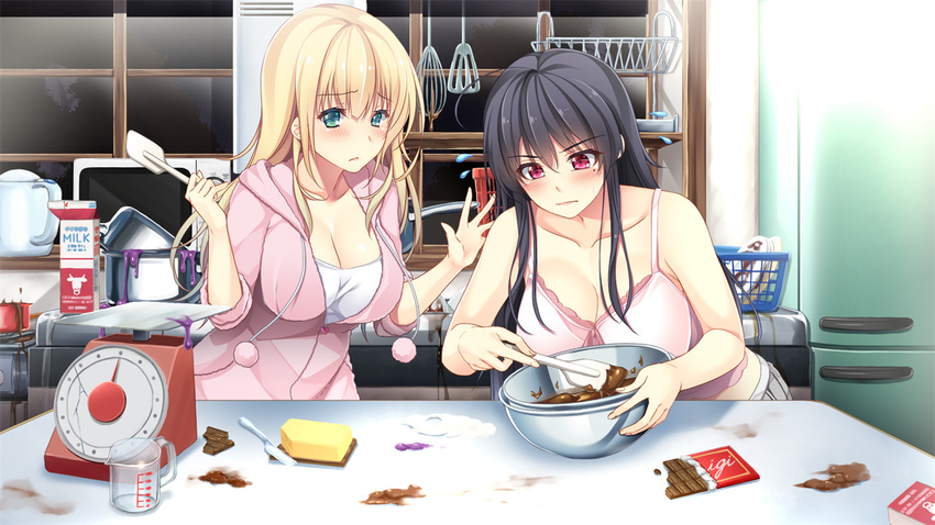 2girls ayase_hazuki bare_shoulders black_hair blonde_hair blush breasts butter chobipero chocolate cleavage cooking game_cg green_eyes highres hoodie indoors kitchen large_breasts long_hair looking_down mole mole_under_eye multiple_girls pink_eyes sleeveless standing table window zannen_na_ane_to_no_love_comedy