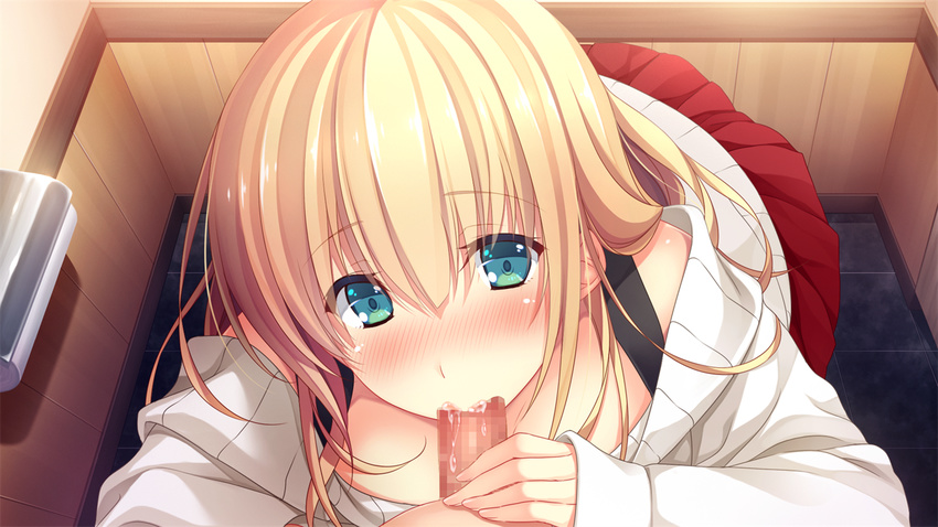 1girl aqua_eyes ayase_hazuki black_tank_top blonde_hair blush censored fellatio fingernails game_cg hetero leaning_forward long_fingernails long_hair long_sleeves mosaic_censoring oral penis penis_grab pov red_skirt saliva sitting skirt solo_focus sweater tank_top tile_floor tiles toilet_paper white_sweater yaegashi_nene zannen_na_ane_to_no_love_comedy