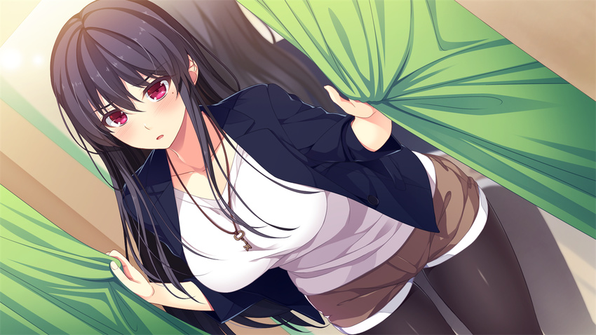 1girl ayase_hazuki black_hair blush breasts chobipero curtains game_cg highres key large_breasts legs long_hair looking_at_viewer mirror mole mole_under_eye pantyhose parted_lips pink_eyes short_shorts shorts solo standing thighs zannen_na_ane_to_no_love_comedy