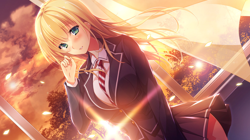 1girl ayase_hazuki blonde_hair blush breasts chobipero floating_hair game_cg green_eyes highres indoors large_breasts legs long_hair looking_at_viewer outdoors parted_lips petals school_uniform skirt sky smile solo standing thighs wind window zannen_na_ane_to_no_love_comedy