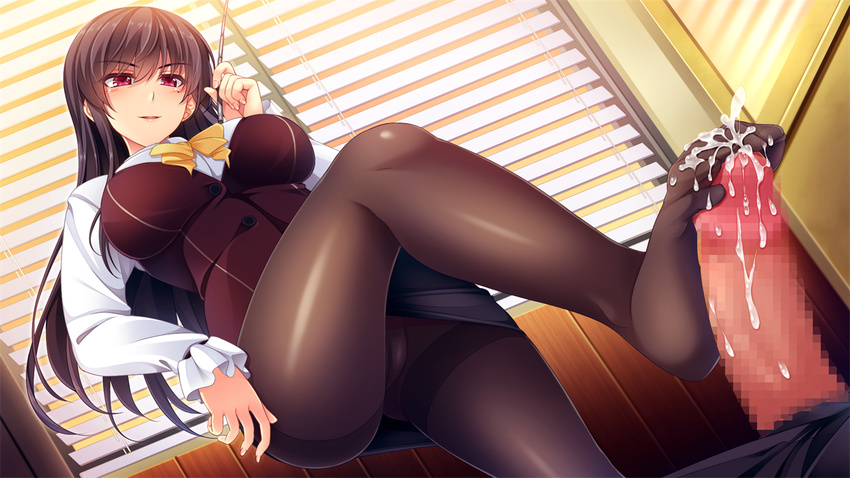 1girl ayase_hazuki black_hair blush breasts cameltoe censored chobipero cum cum_on_lower_body feet footjob game_cg highres indoors large_breasts legs long_hair long_sleeves looking_down mole mole_under_eye mosaic_censoring no_shoes panties panties_under_pantyhose pantyhose pantyshot pantyshot_(standing) parted_lips penis pink_eyes skirt smile solo_focus thighs toes underwear zannen_na_ane_to_no_love_comedy