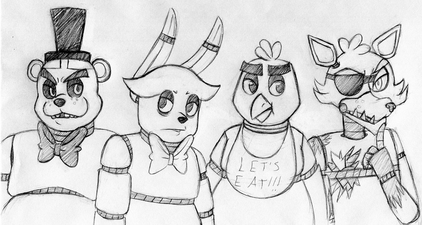 2015 animatronic anthro avian bear bib bird black_and_white bonnie_(fnaf) bow_tie canine chica_(fnaf) chicken english_text eye_patch eyewear female five_nights_at_freddy's fox foxy_(fnaf) freddy_(fnaf) group hat hook_hand inkyfrog lagomorph looking_at_viewer machine male mammal monochrome rabbit robot simple_background text top_hat traditional_media_(artwork) video_games white_background