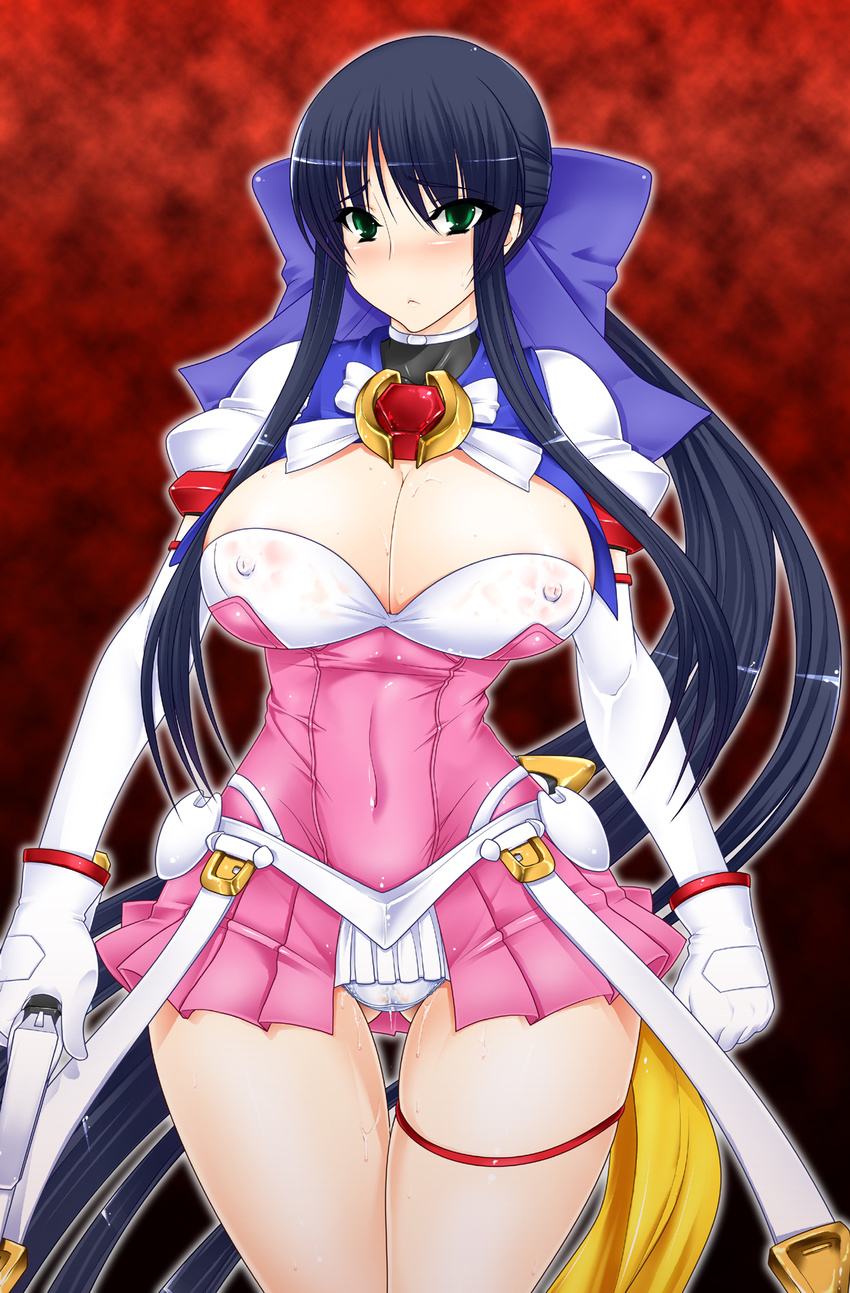 beat_angel_escalayer black_hair blush bow breasts brooch cosplay covered_nipples curvy dress elbow_gloves escalayer escalayer_(cosplay) gloves green_eyes hair_bow highres huge_breasts jewelry kanon kawasumi_mai large_bow long_hair namidame nipples panties pink_skirt short_dress skirt solo standing thick_thighs thigh_gap thighs underwear very_long_hair wet wet_clothes wet_panties white_panties wide_hips