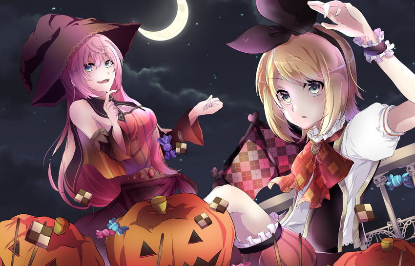 aqua_eyes belt biscuit black_bow blonde_hair blue_eyes bow bracelet candy cloud cloudy_sky collar cookie crescent_moon detached_collar detached_sleeves dutch_angle food frilled_collar frilled_legwear frills hair_bow halloween halloween_costume hand_on_own_chin hand_up hat highres jewelry kagamine_rin leaning_back long_hair megurine_luka moon multiple_girls neck_ribbon night outstretched_hand pink_hair plaid plaid_bow plaid_skirt pocky pumpkin pumpkin_pants ribbon short_hair shorts skirt sky star_(sky) starry_sky vocaloid witch_hat yuken_52